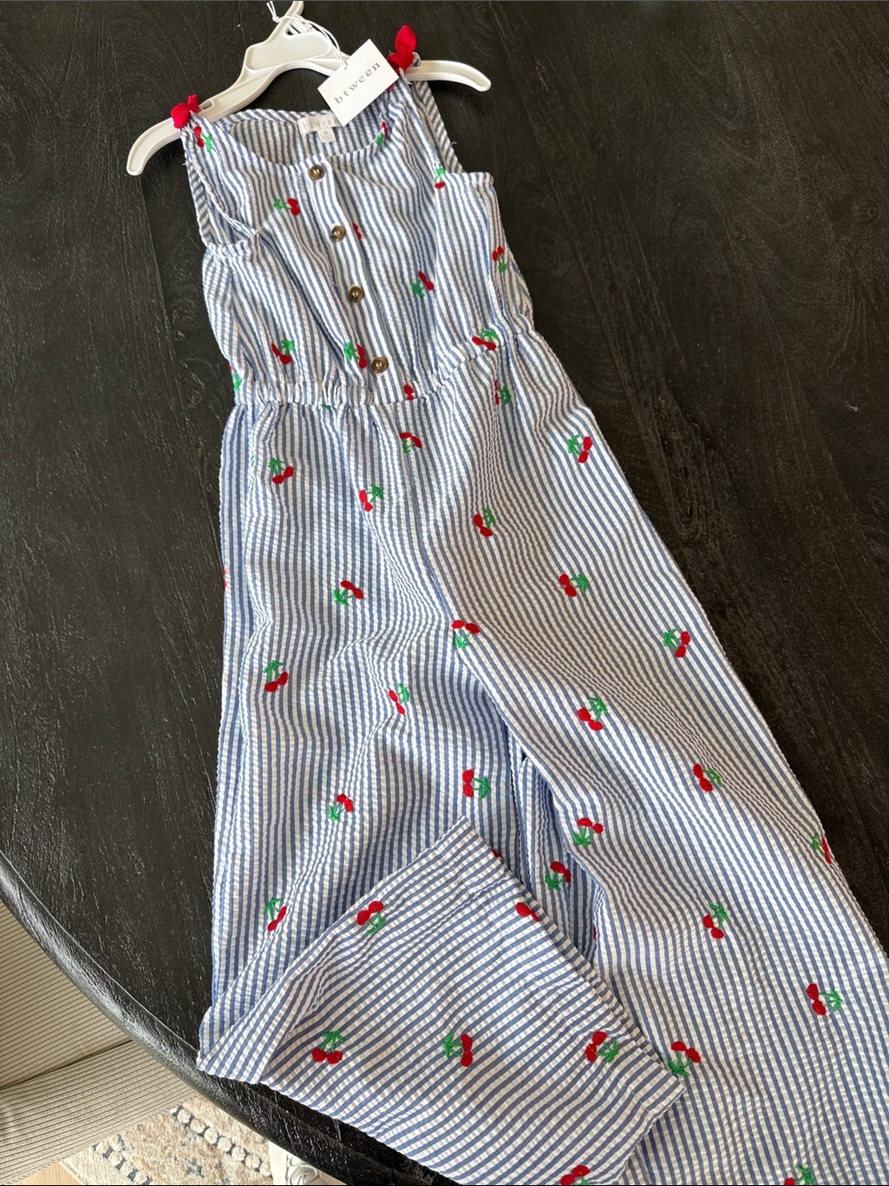 btween Blue and White Striped Jumpsuit with Red Cherry Embroidery